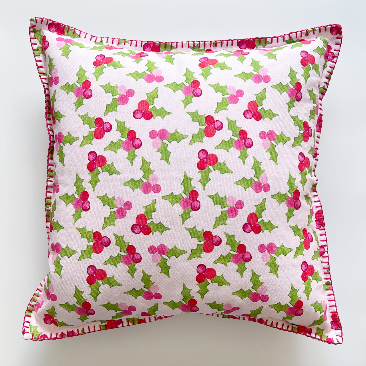 Pink Holly Holiday Pillow Cover